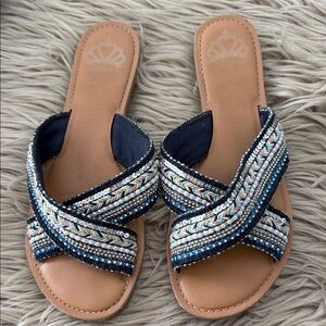 Fergalicious Navy Multicolor Beaded Crossband Slide Sandals